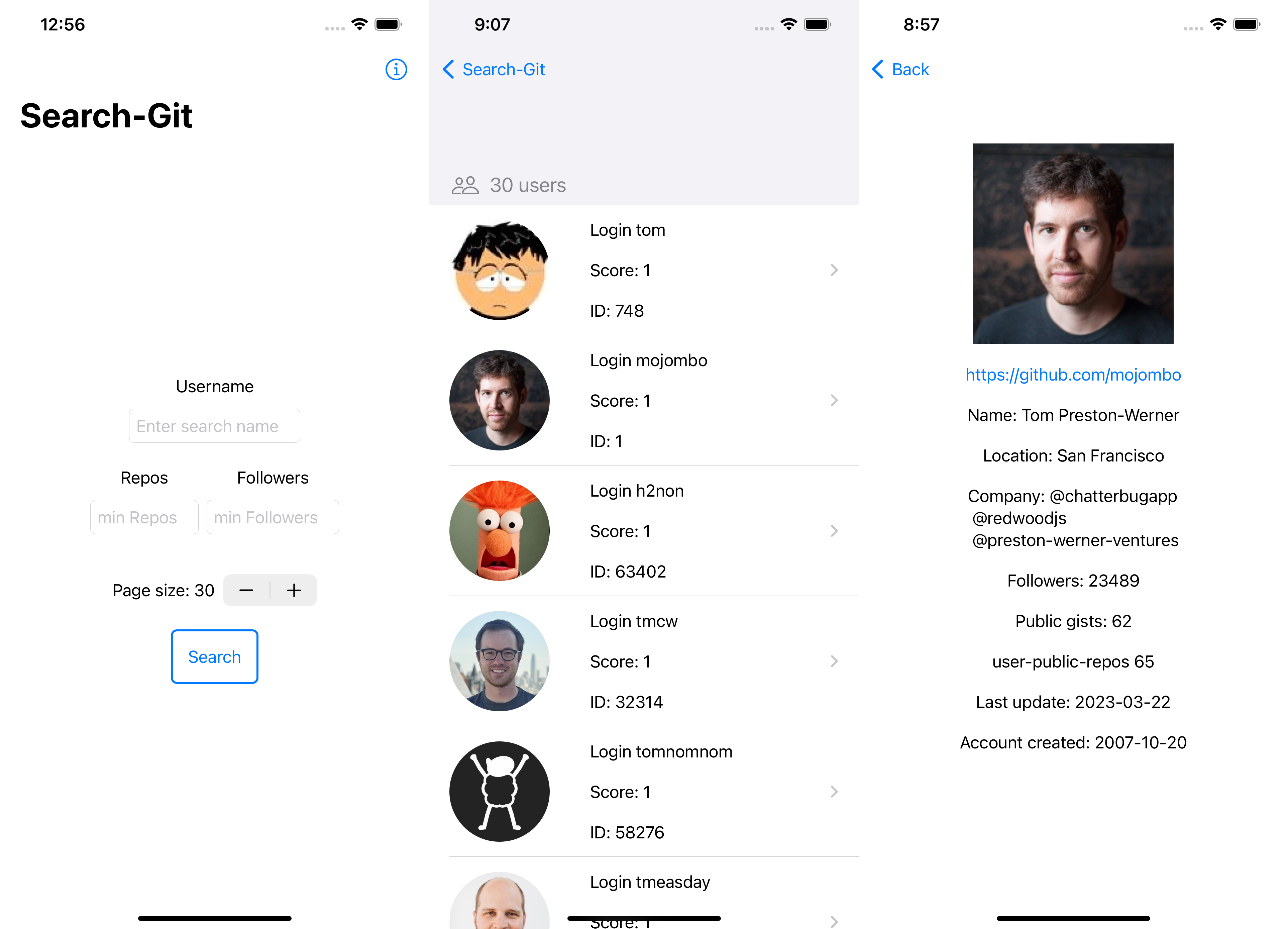 Search Git mobile app screens